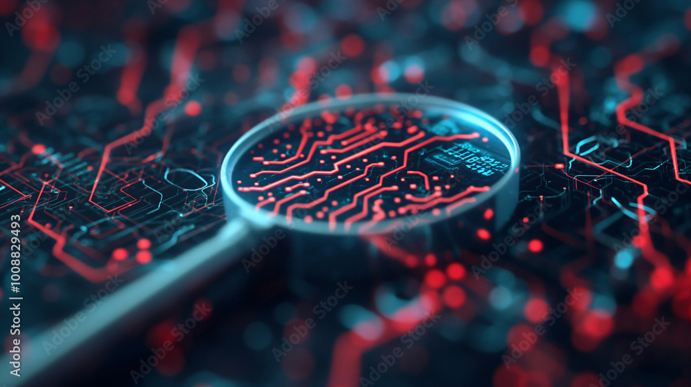 Poster a magnifying glass amplifies intricate circuit patterns in vibrant red and blue, showcasing technolo