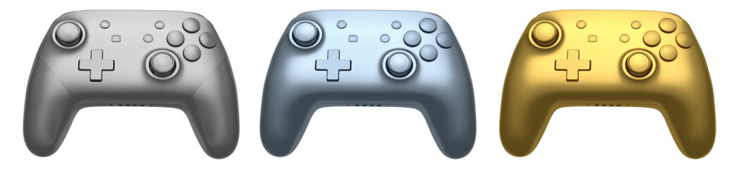 Collection of gaming controllers with different colors and designs for gaming enthusiasts isolated on white background with clipping path