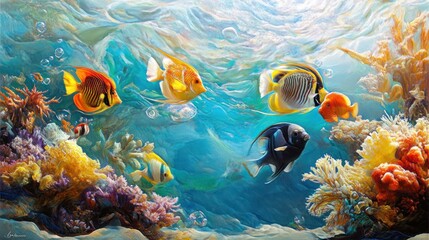 Fototapeta premium A painting of a group of fish swimming in a coral reef