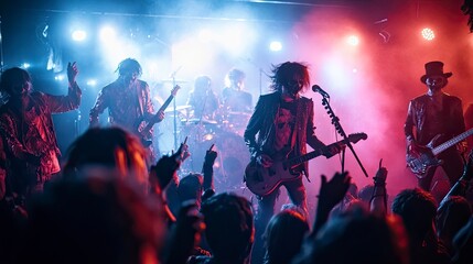 A Halloween-themed rock concert with band members dressed as zombies and fans in costumes illuminated by strobe lights.
