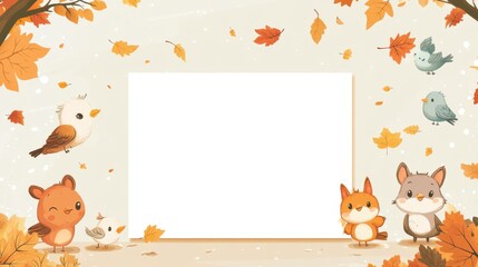 Fototapeta premium Cute cartoon images of wild animals and trees. In the middle is a notebook for taking notes, presenting reports, or space for writing messages.