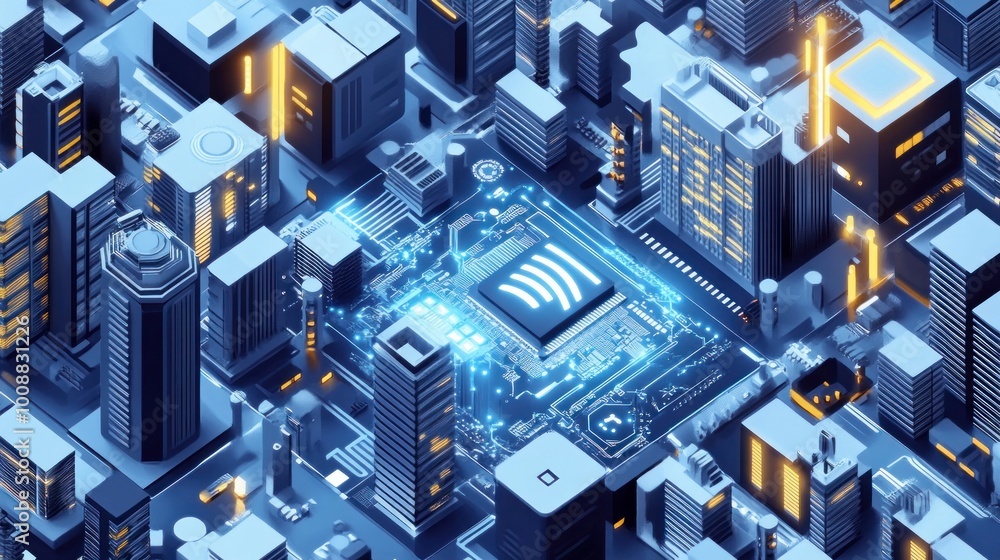 Poster isometric view of a smart city with microchips and electronic patterns illustrating smart city manag
