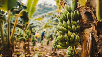 Fototapeta premium A scenic view of a plantation farm with green bananas growing in rows, people harvesting the fruits, harvest season, agriculture and farming