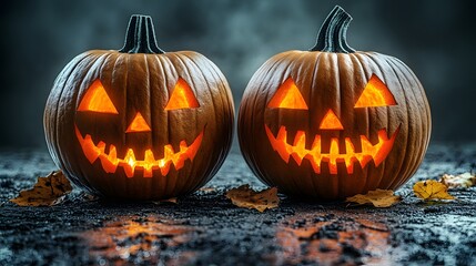 Fototapeta premium Colorful Halloween party flyer template with pumpkins, glowing jack-o-lanterns, and festive decorations in a playful cartoon style