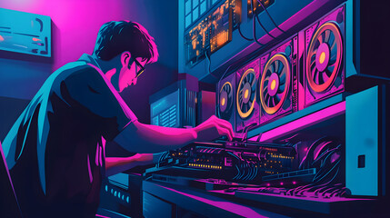 A miner working on a cryptocurrency mining rig with multiple GPUs and cooling fans