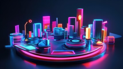 Neon Cityscape with Glowing Structures and Circular Base