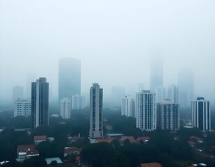 city street in the midnight  with foggy , A lone bus sits at a foggy city, cross-sea bridge and skyscrapers over foggy city