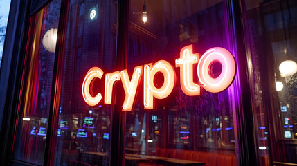 A neon-lit sign with the word "Crypto" hanging outside a high-tech trading caf�