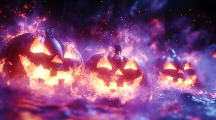 Naklejka premium Cheerful pumpkin-themed Halloween flyer template with a playful cartoon style and glowing jack-o-lantern faces