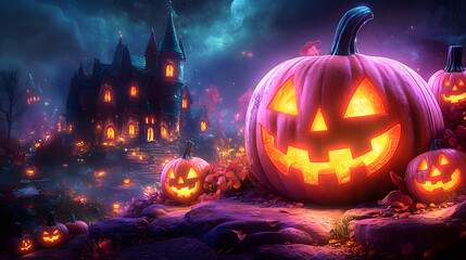 Naklejka premium Colorful and fun Halloween party flyer template with cartoon pumpkins, festive Halloween elements, and glowing jack-o-lanterns