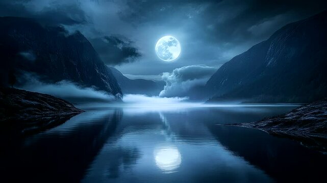 A beautiful landscape view of a semi-cloudy circle reflecting water at night, flanked by two mountains