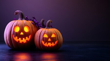 Fototapeta premium Playful pumpkins on a Halloween flyer template with glowing jack-o-lantern faces and fun festive elements in a cartoon style