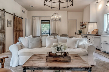 Fototapeta premium Cozy, farmhouse-style living room interior design with a white slipcovered sofa, wooden coffee table, and vintage-inspired decor, with soft lighting from an iron chandelier.