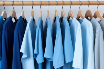 Close up collection shade of blue tone hanging closet rack.