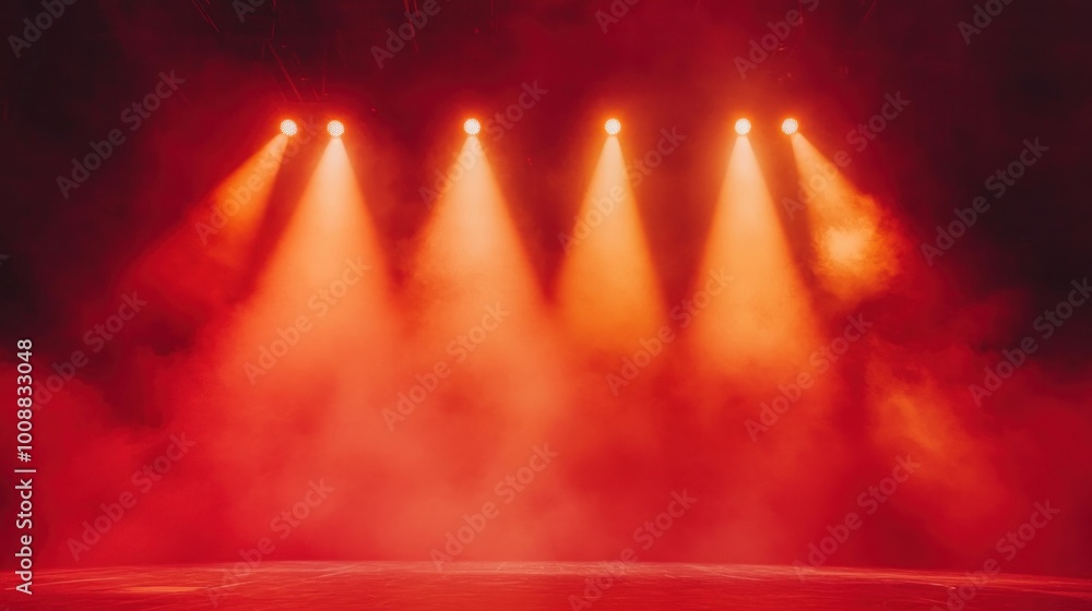 Poster empty red scene with stage spotlights warm colored light and smoke effects a 3d rendering suitable f