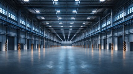 Empty Industrial Warehouse With Loading Docks and Overhead Lighting