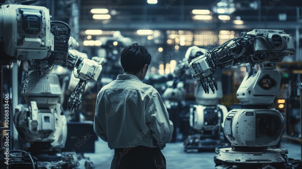 Poster a worker oversees automated machinery in a modern factory, ensuring optimal performance of several r