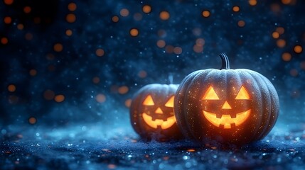 Bright and colorful Halloween party flyer template with cheerful pumpkins and glowing faces in a cartoon style