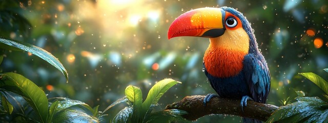 Cute Toucan Illustration in Raining Jungle