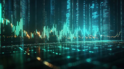 Futuristic Digital Finance Chart in Abstract Cityscape