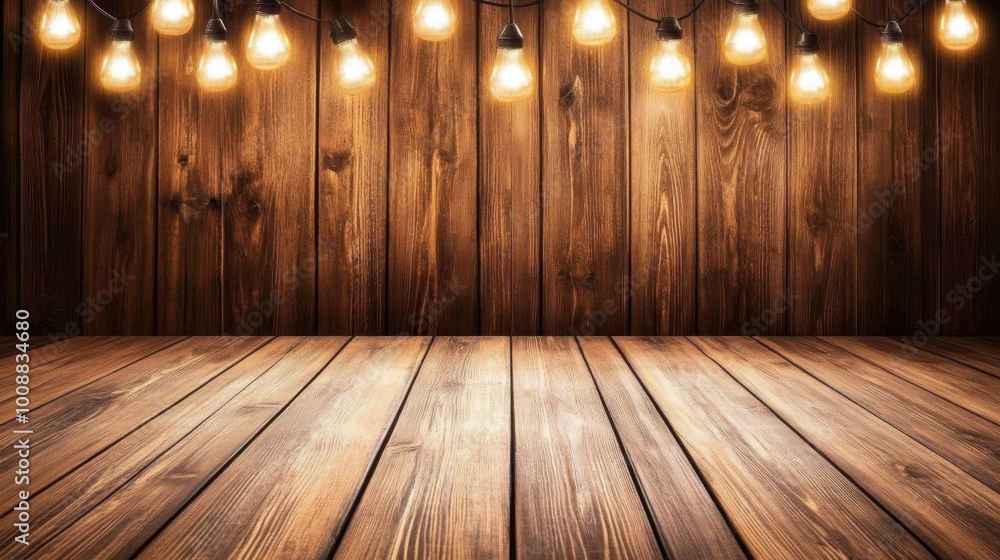 Poster wooden table with visible grain texture sits beneath soft spotlights, creating a moody yet inviting 