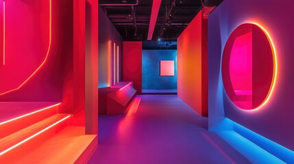 Neon-lit hallway with geometric shapes and vibrant colors.