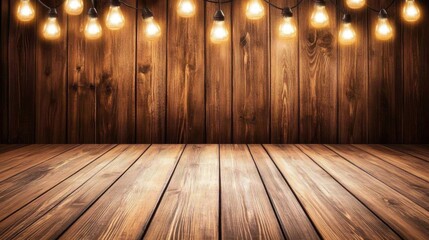 Wooden table with visible grain texture sits beneath soft spotlights, creating a moody yet inviting atmosphere for a product display or promotion.