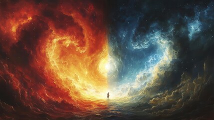 dramatic illustration of heaven and hell depicting a vibrant paradise above and a fiery inferno below showcasing contrasting themes of hope and despair within a religious conceptual framework