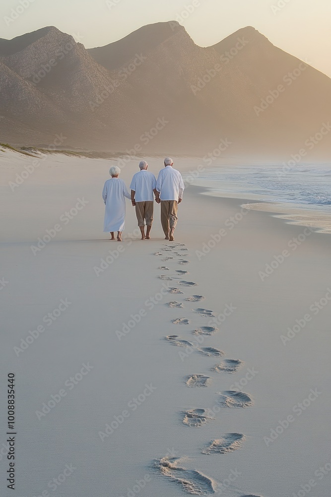 Canvas Prints Three people walking on a beach at sunset, leaving footprints in the sand.