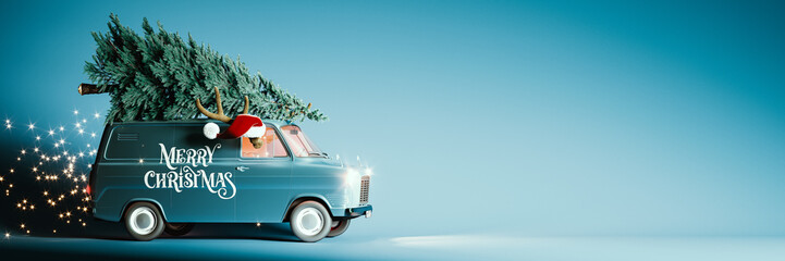 Old van with Merry Christmas text and Christmas tree on blue background with copy space. Christmas banner design. 3D Rendering, 3D Illustration © hd3dsh