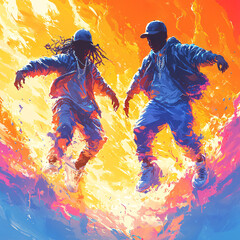 Vibrant illustration of a duo performing breakdance with dynamic splashes of color, capturing street culture and energetic movement through bold artistic expression