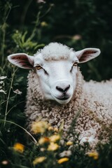 Fototapeta premium A close-up of a sheep resting among flowers in a lush green environment.