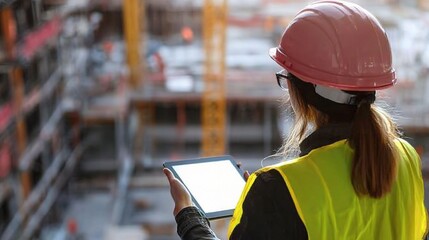 Woman Engineer Inspecting Construction Site with Tablet