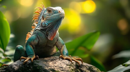 Fototapeta premium Green Iguana Lizard on Rock with Blurry Green Background Photo