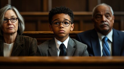 A young defendant, dressed in a suit, sits in a juvenile court surrounded by family members, with a serious expression as the proceedings unfold around them