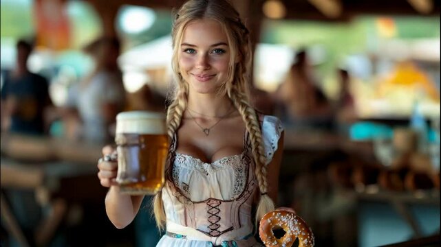 Its Oktoberfest and a beautiful young woman with pigtails and wearing the traditional German Bavarian dress presents a freshly poured beer mug and pretzel. 4k