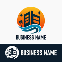 Resort, Hotel, House Apartment, Travel and Holiday, Real Estate Logo Idea Vector. Beach Resort with Ocean Wave and Palm Tree for Vacation Business Logo Template