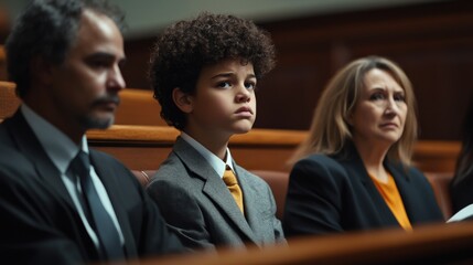 In a juvenile courtroom, a young defendant appears worried while seated between his attorney and a family member, signifying a crucial moment in his life