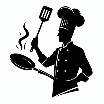 recommend clip art: A silhouette of a chef wearing a hat and holding a frying pan, with a spatula raised