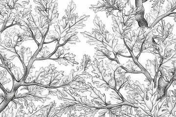 Coloring book illustration of frosty tree branches ice covered vegetation intricate ice patterns on leaves and winter themed backgrounds