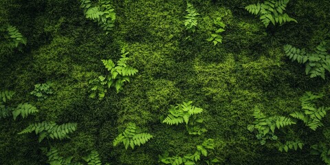 Fototapeta premium A lush green backdrop featuring ferns and moss, creating a vibrant natural texture that evokes a sense of tranquility and connection to nature.