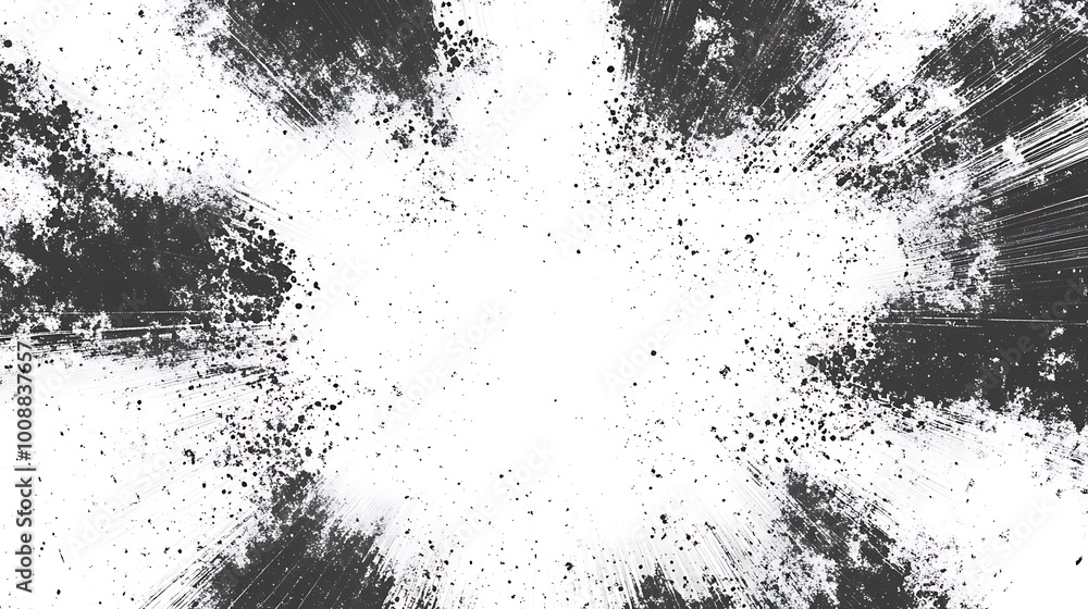 Poster abstract black and white grunge texture with radial lines and splatters.
