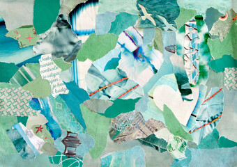 Turquoise, mint green and blue inspiration collage mood board of waste paper from magazines results in modern art