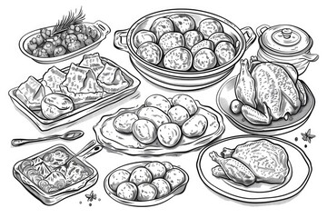 Coloring book illustration of traditional festive dishes for a celebration featuring baked chicken potatoes and various sides arranged in an appealing layout