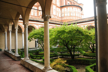 Milan, Lombardy, Italy. October 25, 2010: Peaceful courtyard of Santa Maria delle Grazie in Milan,...