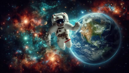 An astronaut floating in space with Earth visible in the background, surrounded by stars and colorful nebulae.