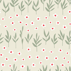 Simple hand drawn little flowers and leaves seamless pattern