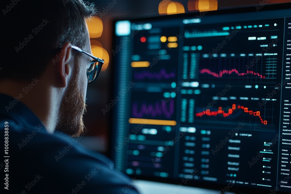 Poster a focused man analyzing data trends on a computer screen.