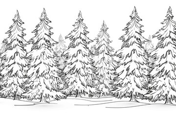 Obraz premium Coloring book illustration of frosty pine trees in a winter forest setting