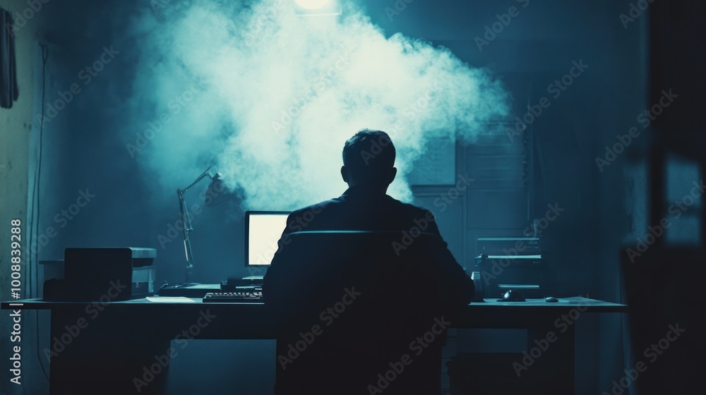 Poster silhouette of a man working at a computer in a smoky room